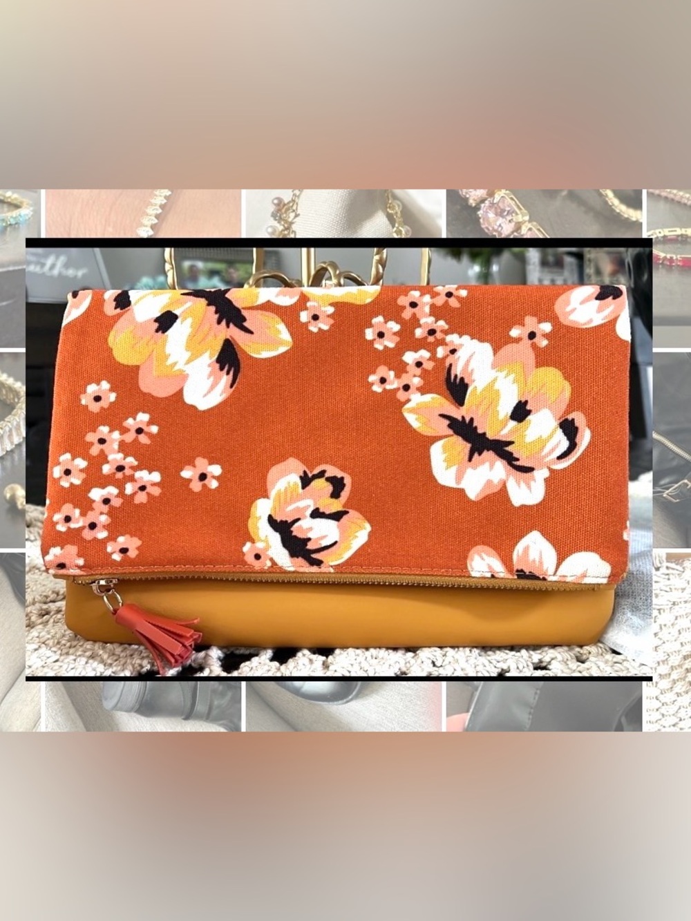 Floral Foldover Clutch in Orange and Mustard
